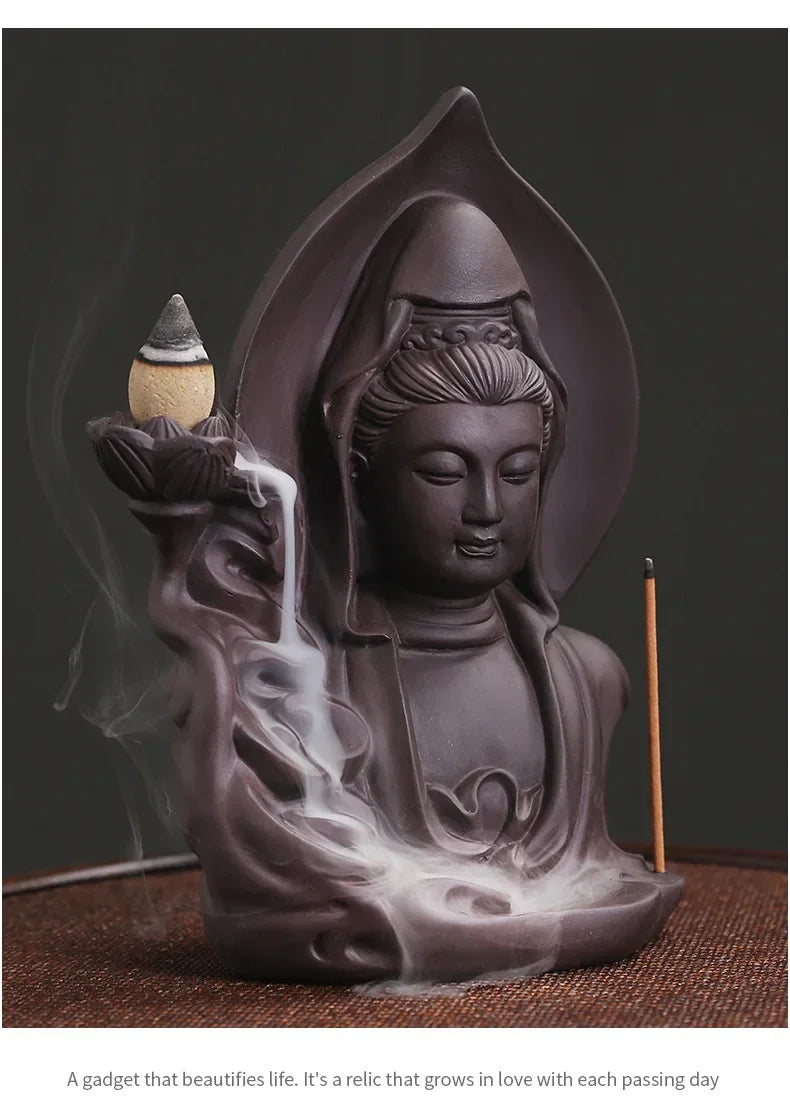 Purple Clay Avalokitesvara Backflow Incense Burner – Ceramic Buddha Incense Holder for Meditation & Home Decor