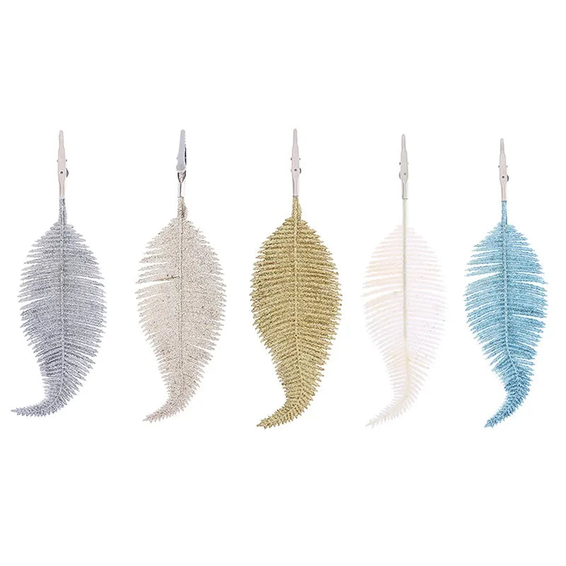 5Pcs Glittering Feather Artificial Leaves Clip – Christmas Tree Ornaments for Home & Party Decorations