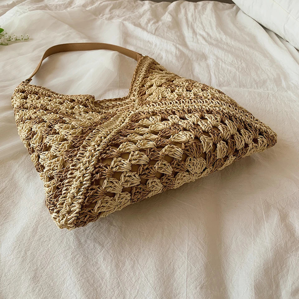 Bohemian Chic Woven Crossbody Tote – Stylish Hollow-Out Straw Handbag for Casual Outings