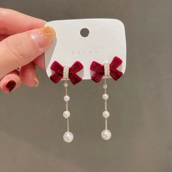 Elegant Crystal Bow Knot Drop Earrings – Exquisite Red Pearl Dangle for Christmas & Party Glam ✨🎀