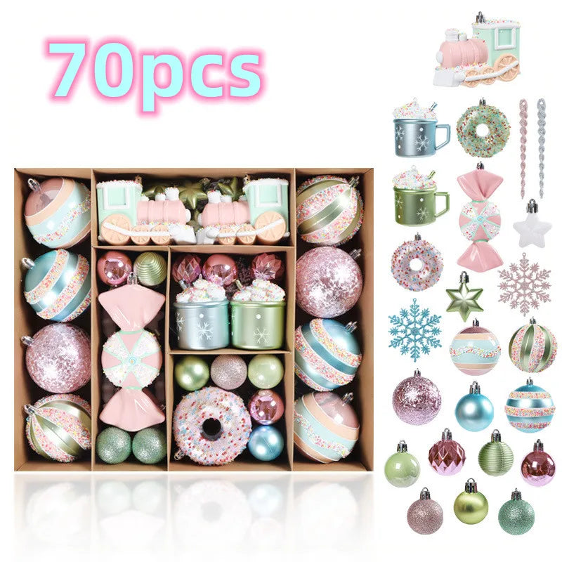 Macaron Ice Cream Christmas Ball Ornaments – Hand-Painted Plastic Baubles for Xmas Tree Decor (32/48/70pcs)