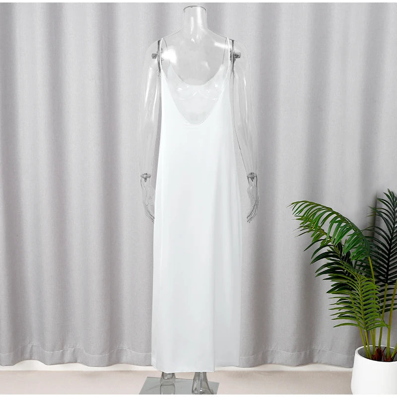 Elegant White V-neck Split Maxi Dress – Women’s Sleeveless Backless Beach Vacation Dress