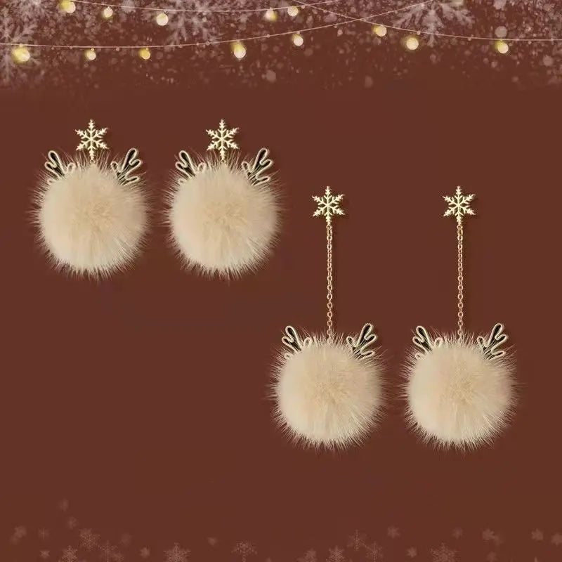 Festive Snowflake Antler Hair Ball Earrings – Cozy Christmas Drop Earrings for Winter Charm ❄️✨