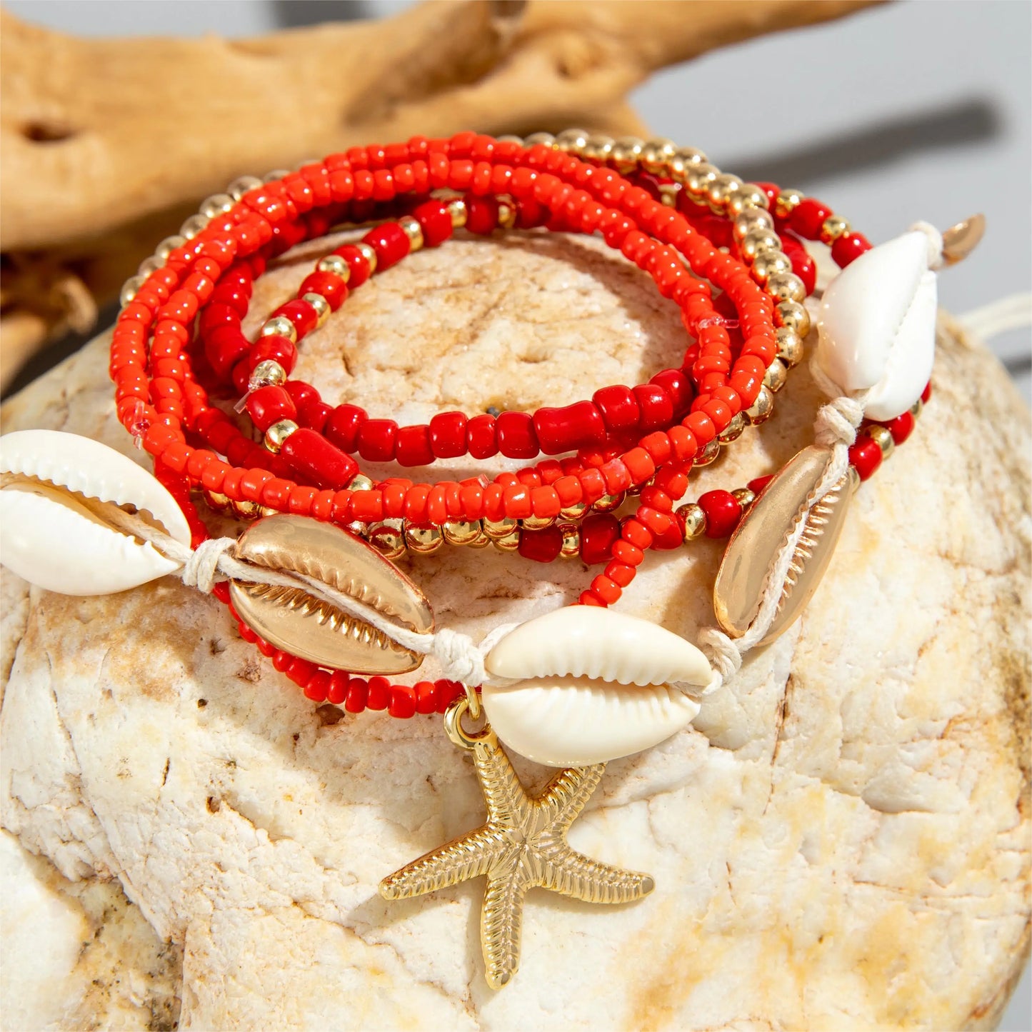 Boho Starfish & Shell Charm Bracelet Set – 7-Piece Layered Beach Jewelry