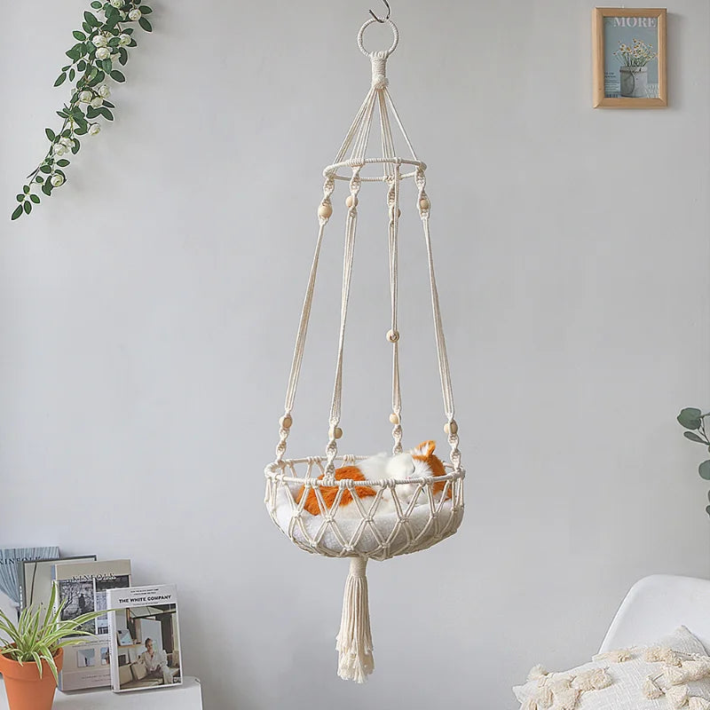 Pet Cat Hammock Swing Bed – Bohemian Handwoven Cotton Macrame Wall Hanging for Home & Bedroom Decor (Without Mat)