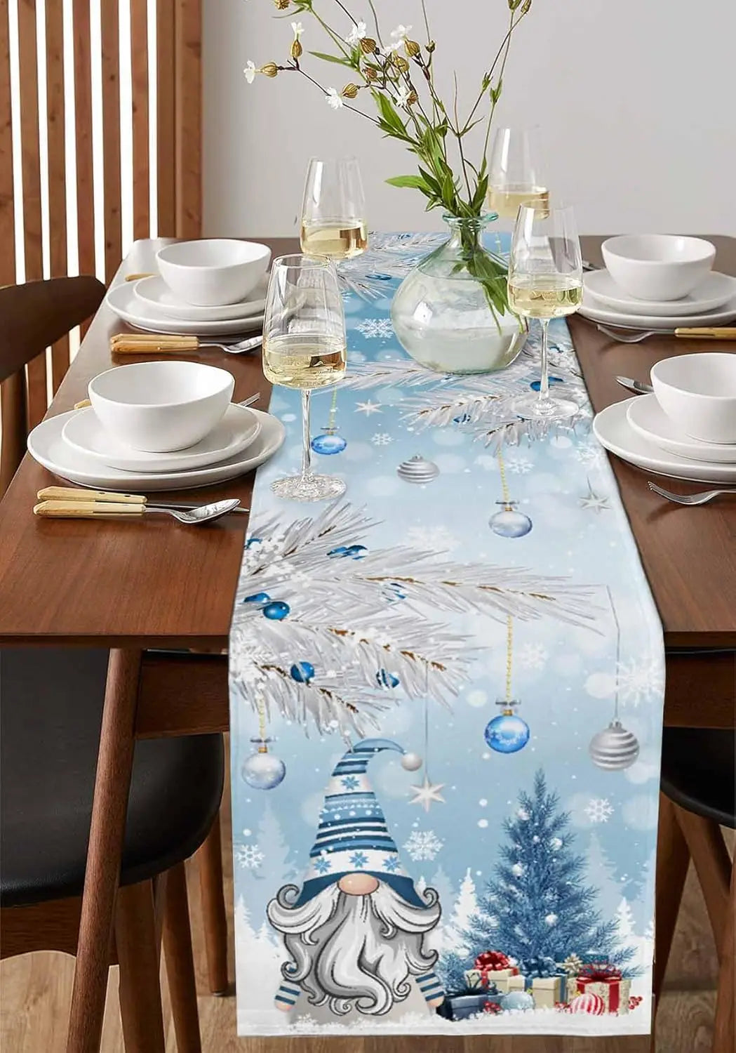 Blue Christmas Gnomes Linen Table Runner – Holiday Dining & Dresser Scarf Decor