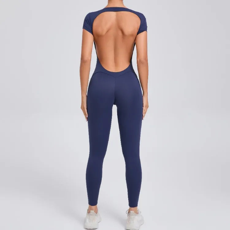 Seamless Yoga Jumpsuit – Short-Sleeved Backless One-Piece Workout Suit for Women, Hip-Lifting Fitness Tracksuit