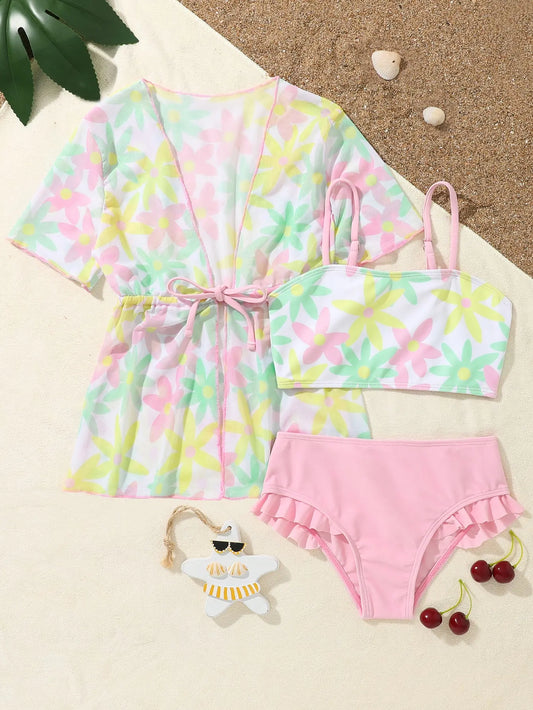 Flower Print 3-Piece Girls Bikini Swimwear Set – Model S1005