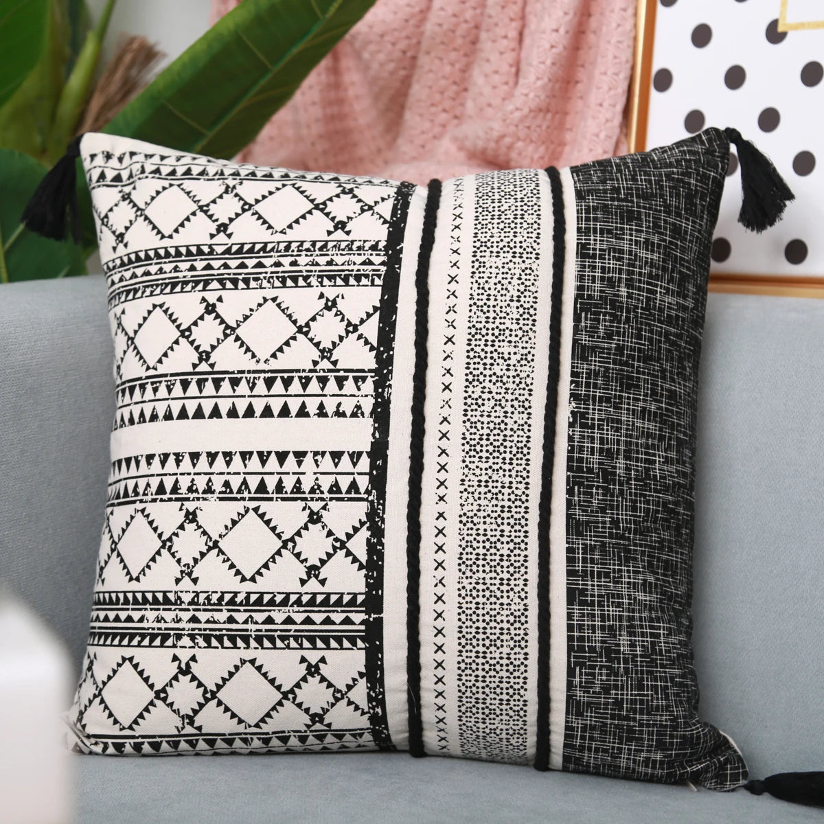 Moroccan Geometric Printed Pillow Cover – Decorative Pillow Case with Tassels for Couch, Sofa & Bedroom (18x18 Inch)