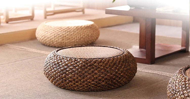 Natural Weave Straw Pouf Tatami Mat – Round Floor Cushion for Meditation, Yoga & Japanese-Style Seating