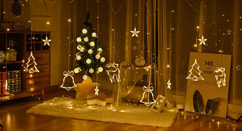 Christmas Lights LED Deer Star Moon String Light – Fairy Curtain Garland for Holiday Party & Outdoor Decor