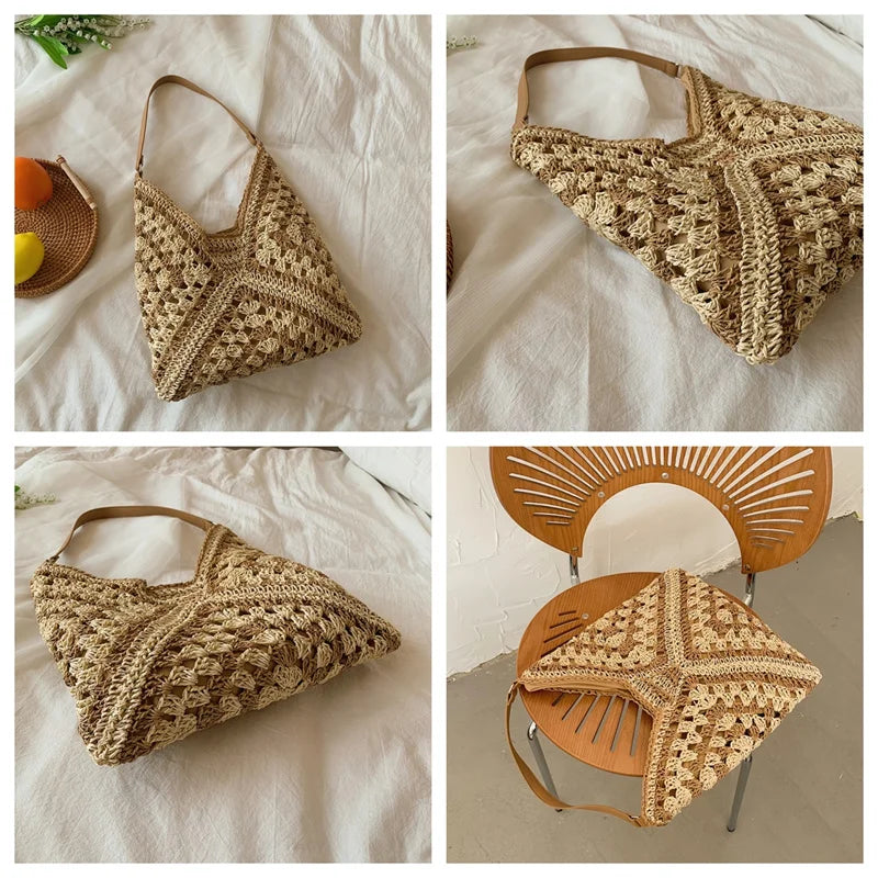 Bohemian Chic Woven Crossbody Tote – Stylish Hollow-Out Straw Handbag for Casual Outings