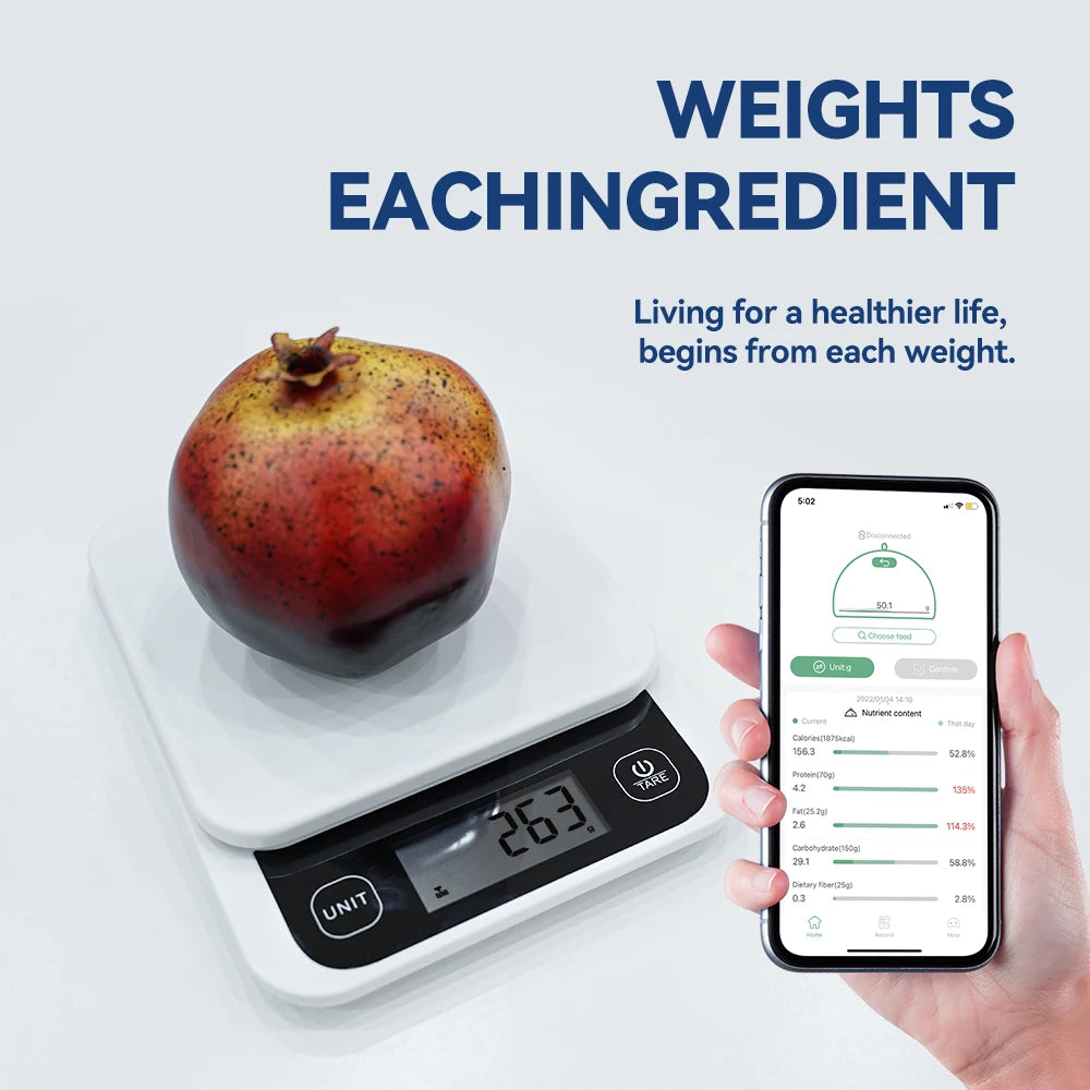 iComon 5kg/0.1g Smart Digital Kitchen Scale with Nutrition Calculator App – Precision Food Scale for Cooking and Baking