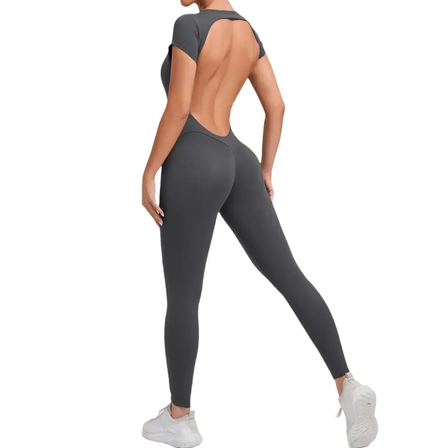 Seamless Yoga Jumpsuit – Short-Sleeved Backless One-Piece Workout Suit for Women, Hip-Lifting Fitness Tracksuit