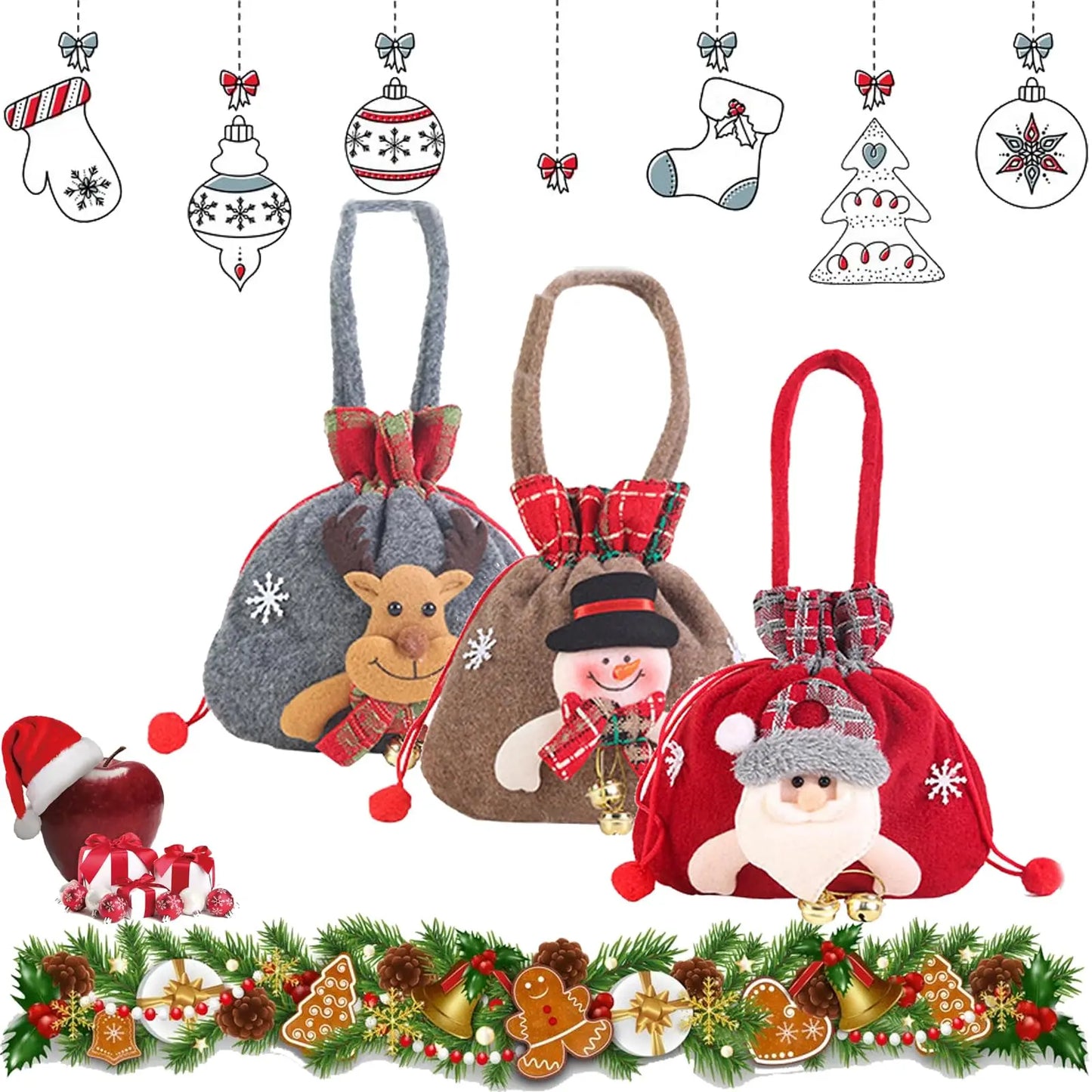 3D Christmas Candy Bag – Santa, Elk & Bear Gift Bag with Drawstring Handle