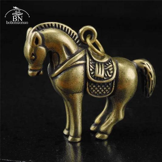 Vintage Brass War Horse Small Desktop Ornament Pure Copper Animal Figurines Miniatures Home Decoration Accessories keychains