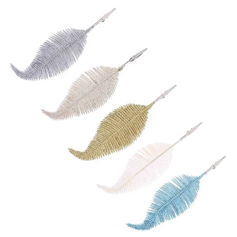 5Pcs Glittering Feather Artificial Leaves Clip – Christmas Tree Ornaments for Home & Party Decorations